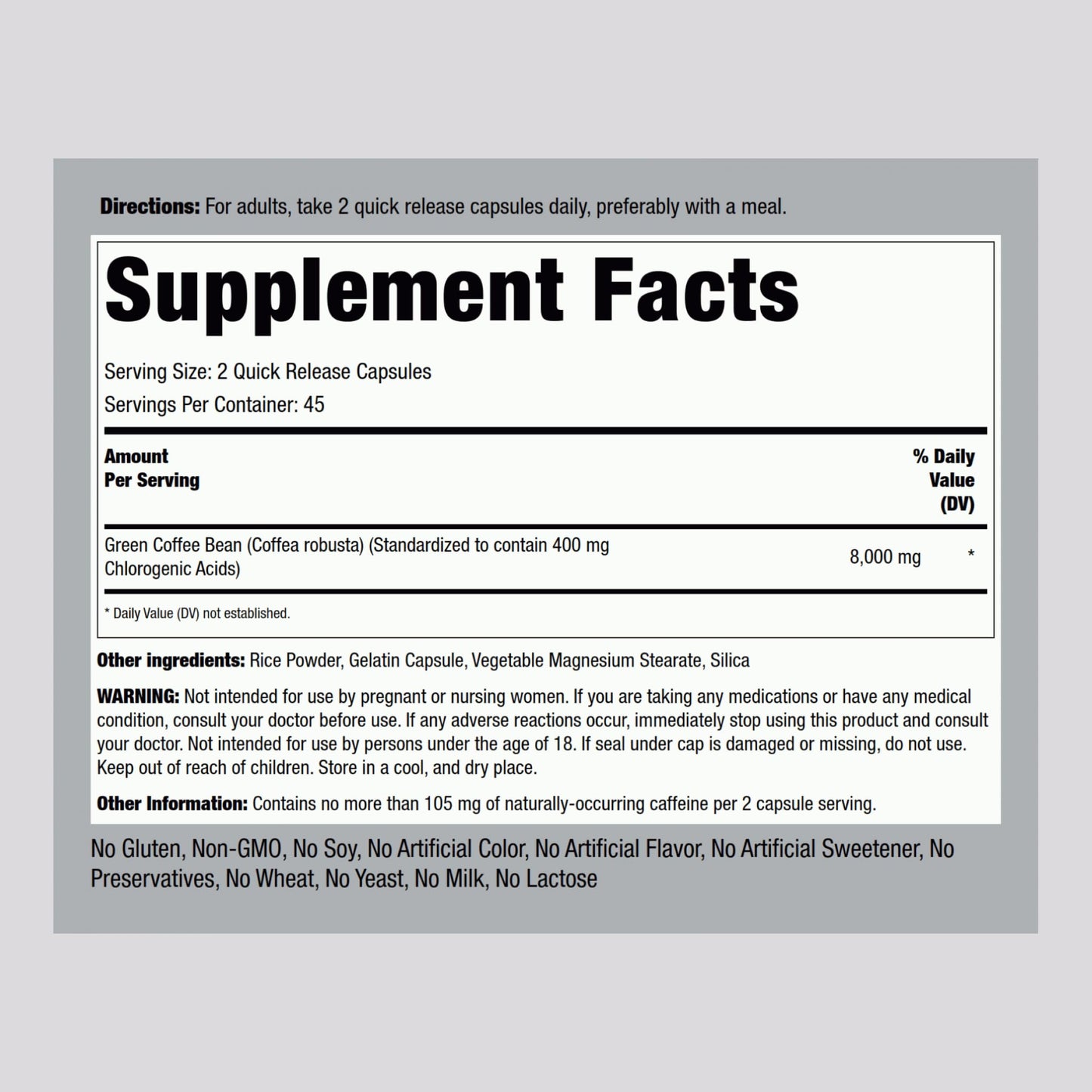 Piping Rock Green Coffee Bean Extract 8000 mg - 90 Capsules | Non-GMO & Gluten Free