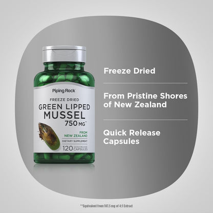 Piping Rock Green Lipped Mussel 750mg | 120 Capsules | NZ Freeze Dried | Non-GMO, Gluten Free (Pack of 2)