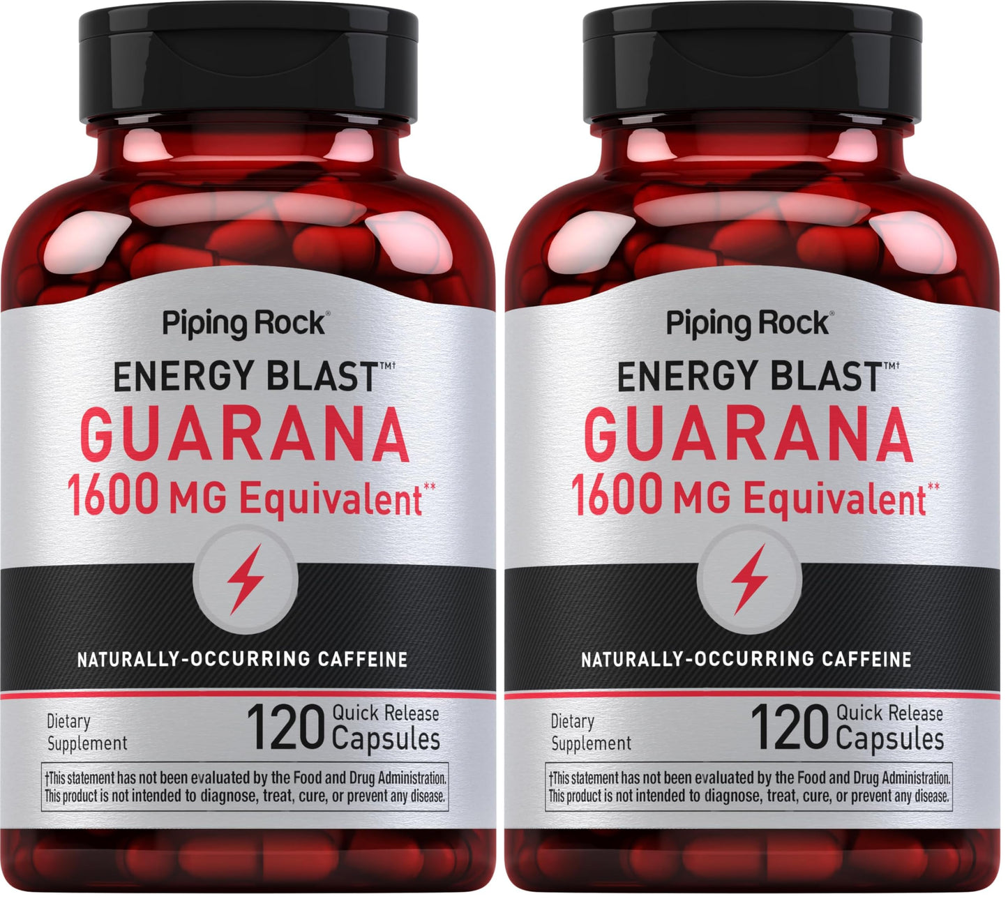 Piping Rock Guarana Capsules 1600 mg | 120 Count | Pack of 2 | Non-GMO Gluten Free