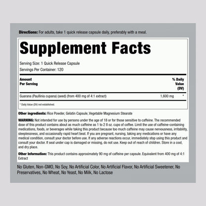 Piping Rock Guarana Capsules 1600 mg | 120 Count | Pack of 2 | Non-GMO Gluten Free