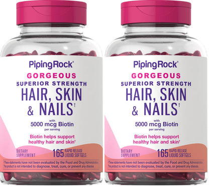 Piping Rock Hair Skin Nails Vitamins – 165 Softgels, 5000 mcg Biotin, Argan & Coconut Oil, Non-GMO (Pack of 2)