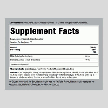 Piping Rock Hyaluronic Acid with MSM 1000mg | 160 Capsules | Pack of 2 | Non-GMO & Gluten Free