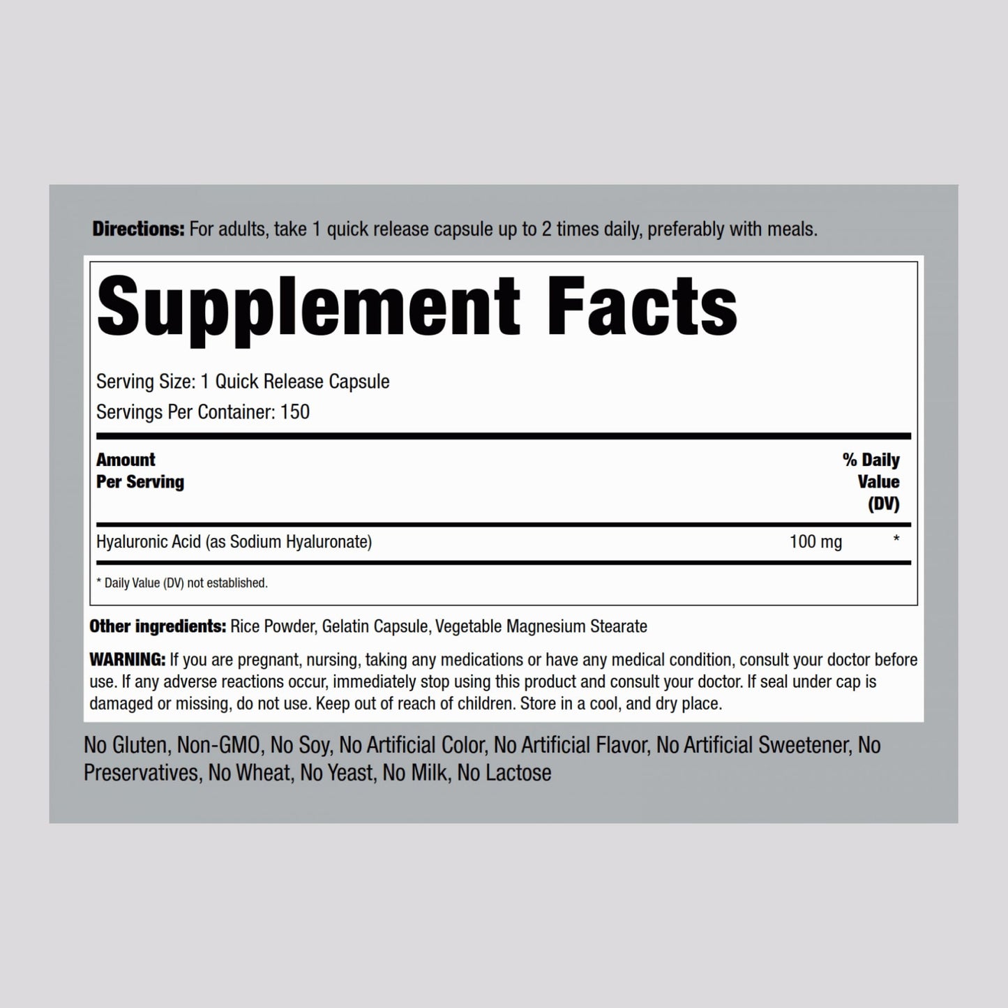 Piping Rock Hyaluronic Acid Supplement | 100 mg | 150 Capsules | Sodium Hyaluronate | Non-GMO, Gluten Free (Pack of 2)