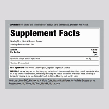 Piping Rock Hyaluronic Acid Supplement | 100 mg | 150 Capsules | Sodium Hyaluronate | Non-GMO, Gluten Free (Pack of 2)
