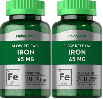 Piping Rock Iron Supplement 45 mg – 200 Tablets – Slow Release Ferrous Sulfate – Vegetarian, Non-GMO & Gluten Free (Pack of 2) | For Women & Men