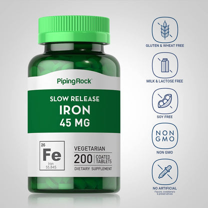 Piping Rock Iron Supplement 45 mg – 200 Tablets – Slow Release Ferrous Sulfate – Vegetarian, Non-GMO & Gluten Free (Pack of 2) | For Women & Men