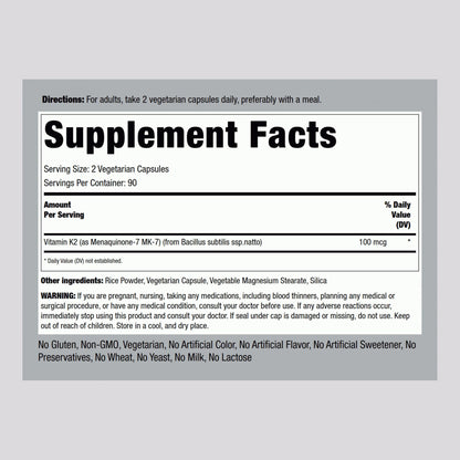Piping Rock K2 MK7 Vitamin Supplement 100 mcg | 180 Vegetarian Capsules | Pack of 2
