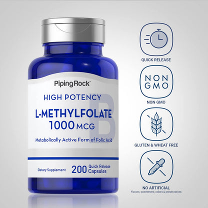 Piping Rock L-Methylfolate 1000 mcg – 200 Capsules (Pack of 2) | Active Folate, Non-GMO, Gluten Free