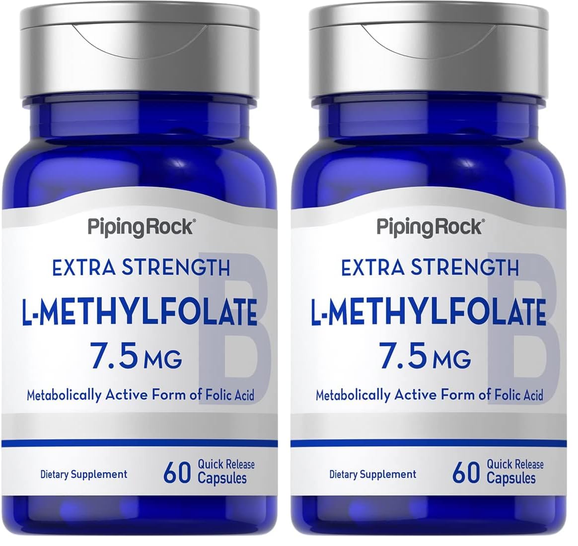 Piping Rock L-Methylfolate 7.5 mg | 60 Capsules | Extra Strength | Active Folic Acid | Non-GMO Gluten Free (Pack of 2)