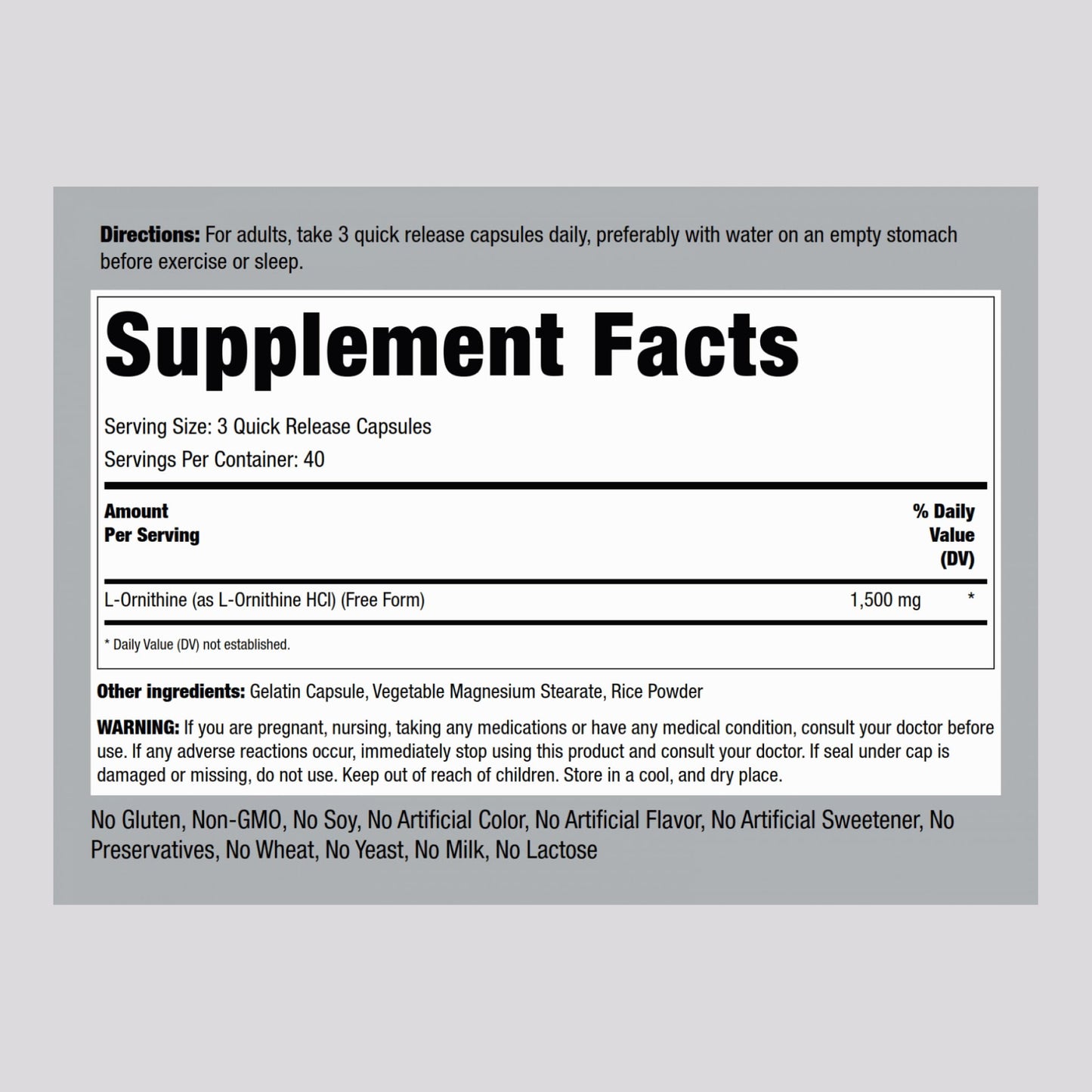 Piping Rock L-Ornithine Supplement 1500 mg – 120 Capsules | Free Form HCl | Non-GMO & Gluten Free (Pack of 2)