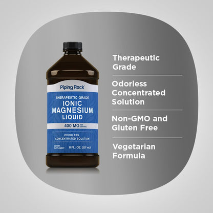 Piping Rock Liquid Ionic Magnesium – 400 mg per Serving, 8 oz, Non-GMO & Gluten Free | Pack of 2