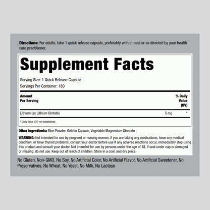 Piping Rock Lithium Orotate 5 mg – 180 Capsules, Non-GMO, Gluten Free (Pack of 2)
