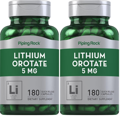Piping Rock Lithium Orotate 5 mg – 180 Capsules, Non-GMO, Gluten Free (Pack of 2)