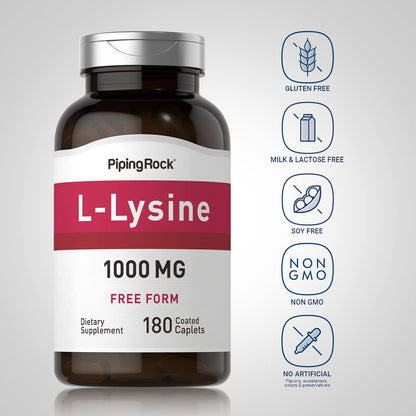 Piping Rock L-Lysine 1000mg | 180 Caplets | Free Form | Vegetarian, Non-GMO, Gluten Free (Pack of 2)