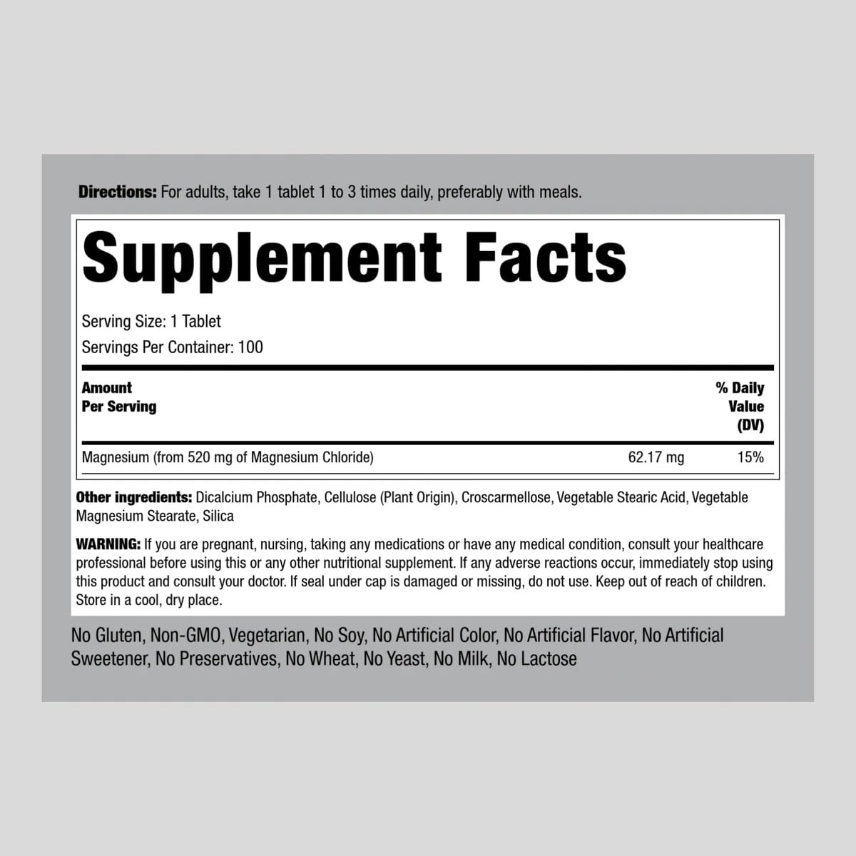 Piping Rock Magnesium Chloride 520mg - 100 Vegetarian Tablets | Non-GMO, Gluten Free
