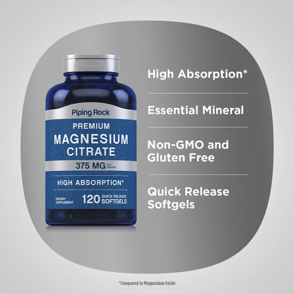 Piping Rock Magnesium Citrate 375 mg - 120 Softgels - High Absorption - Non-GMO, Gluten Free (Pack of 2)