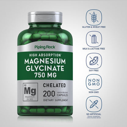 Piping Rock Magnesium Glycinate Capsules | 750mg | 200 Count | High Absorption | Chelated | Non-GMO and Gluten Free Supplement (Pack of 2)