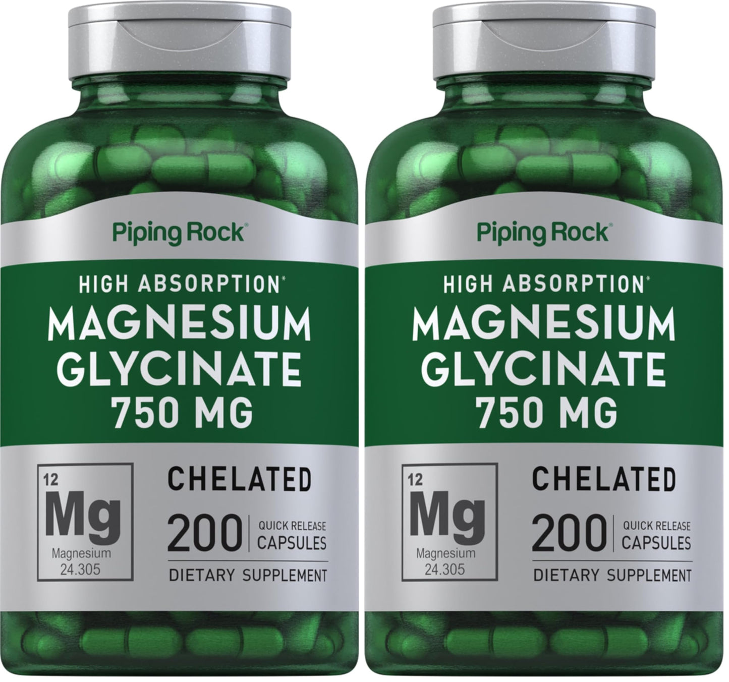Piping Rock Magnesium Glycinate Capsules | 750mg | 200 Count | High Absorption | Chelated | Non-GMO and Gluten Free Supplement (Pack of 2)