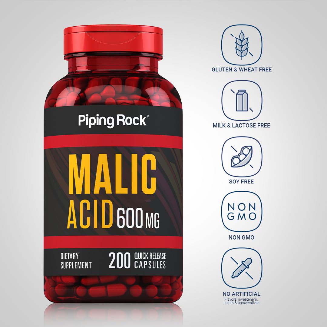Piping Rock Malic Acid Capsules 600mg - 200 Caps (Pack of 2) | Gluten Free & Non-GMO