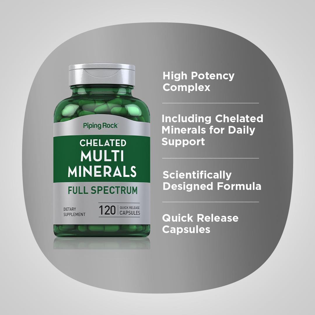 Piping Rock Mega Multi Mineral Chelated Supplement – 120 Capsules – Iron Free – Non-GMO – Gluten Free – Pack of 2 – For Men & Women