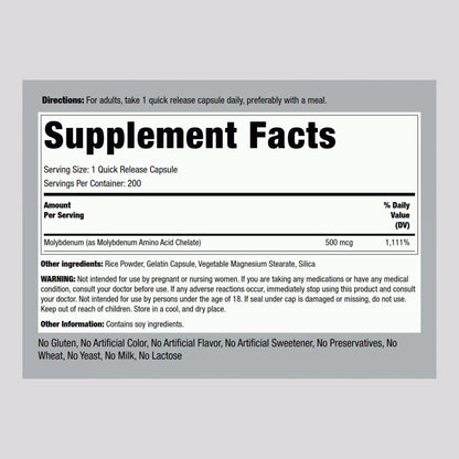 Piping Rock Molybdenum Supplement 500 mcg | 200 Capsules | Pack of 2