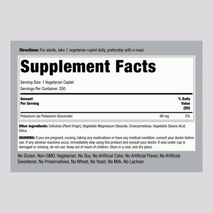 Piping Rock Chelated Potassium 99 mg – 250 Caplets | Potassium Gluconate