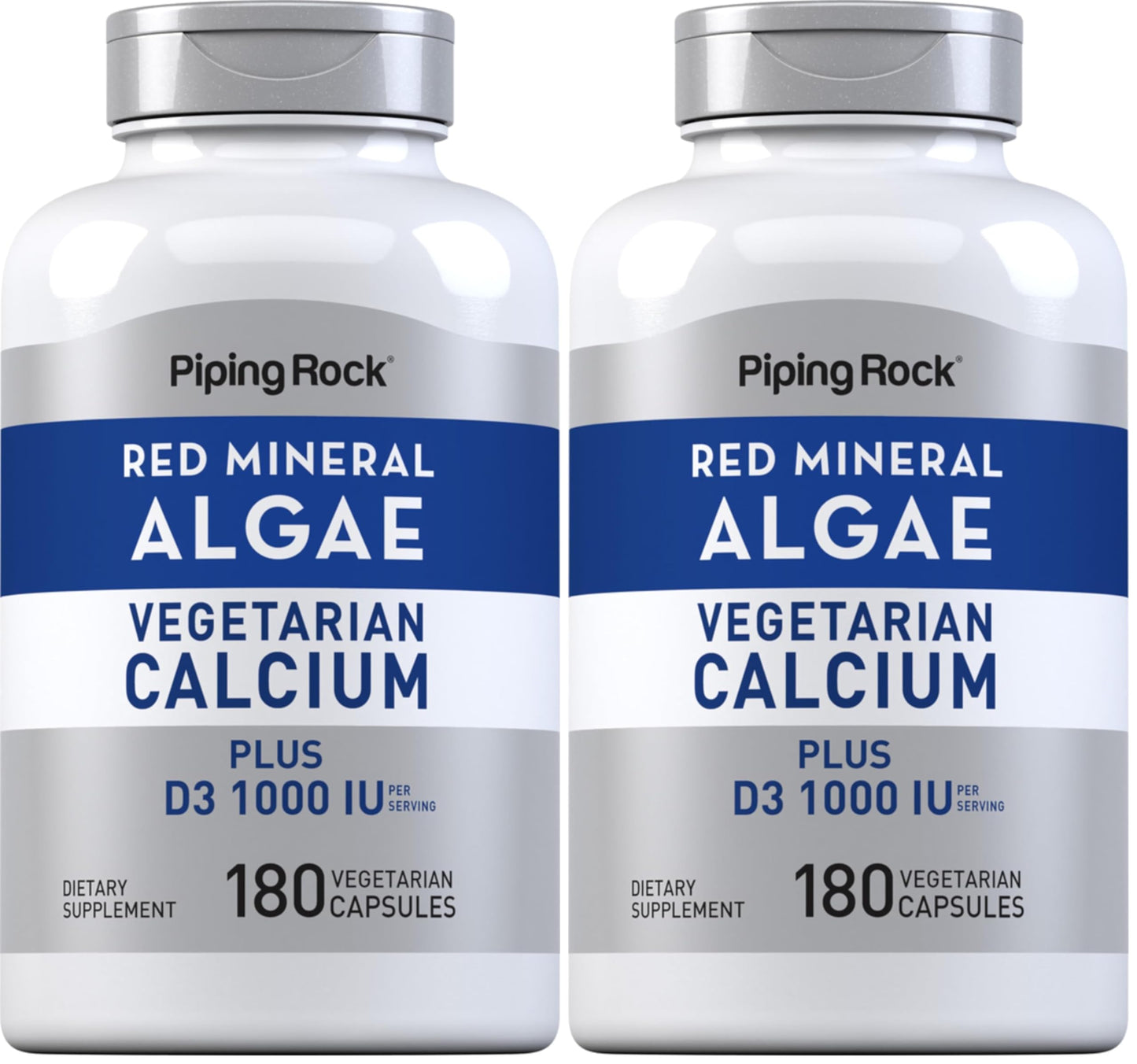 Piping Rock Red Mineral Algae | Vegetarian Calcium | 180 Capsules | Plant Based Plus Trace Minerals | Plus D3 1000 IU | Non-GMO, Gluten Free Supplement (Pack of 2)