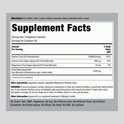 Piping Rock Red Mineral Algae | Vegetarian Calcium | 180 Capsules | Plant Based Plus Trace Minerals | Plus D3 1000 IU | Non-GMO, Gluten Free Supplement (Pack of 2)
