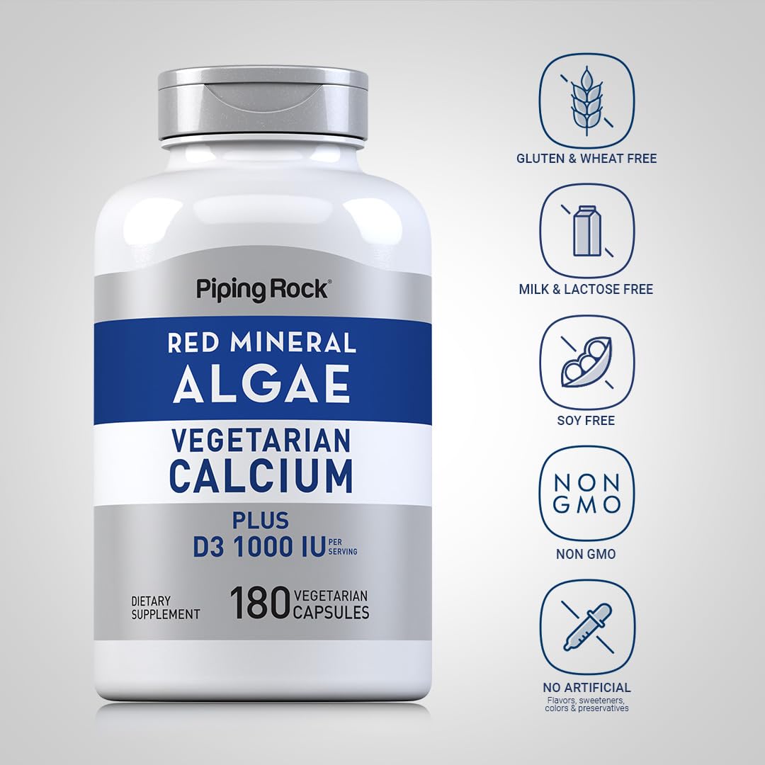 Piping Rock Red Mineral Algae | Vegetarian Calcium | 180 Capsules | Plant Based Plus Trace Minerals | Plus D3 1000 IU | Non-GMO, Gluten Free Supplement (Pack of 2)