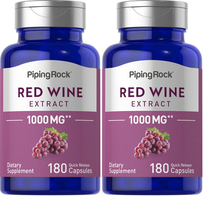 Piping Rock Red Wine Extract Capsules 1000mg | 180 Count | Non-GMO, Gluten Free Supplement (Pack of 2)