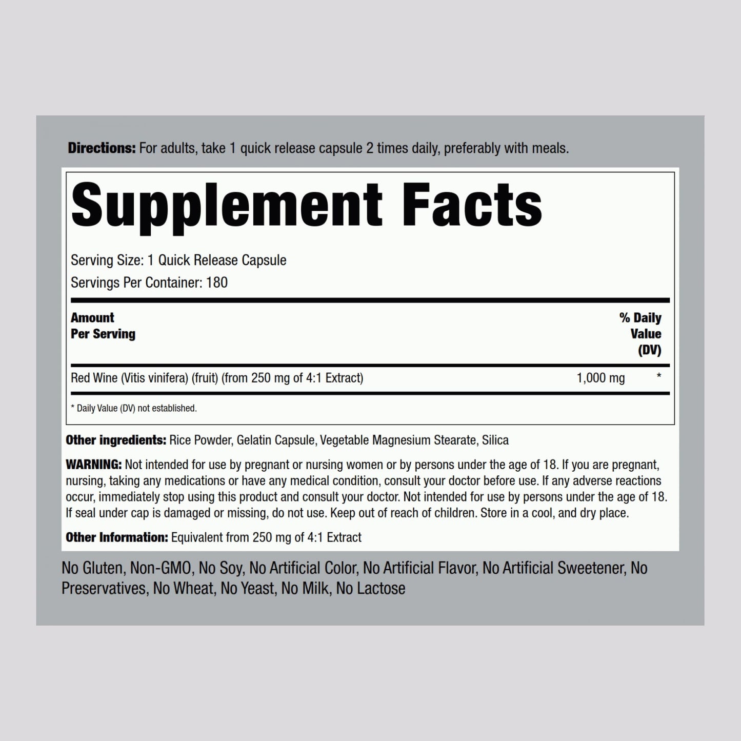 Piping Rock Red Wine Extract Capsules 1000mg | 180 Count | Non-GMO, Gluten Free Supplement (Pack of 2)