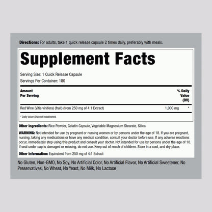 Piping Rock Red Wine Extract Capsules 1000mg | 180 Count | Non-GMO, Gluten Free Supplement (Pack of 2)