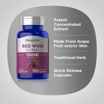 Piping Rock Red Wine Extract Capsules 1000mg | 180 Count | Non-GMO, Gluten Free Supplement (Pack of 2)