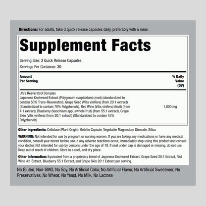 Piping Rock Resveratrol Complex 1800 mg | 90 Capsules | Ultra Potent | Non-GMO, Gluten Free Supplement (Pack of 2)