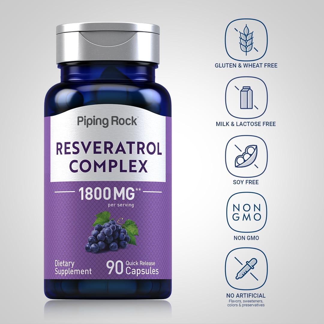 Piping Rock Resveratrol Complex 1800 mg | 90 Capsules | Ultra Potent | Non-GMO, Gluten Free Supplement (Pack of 2)