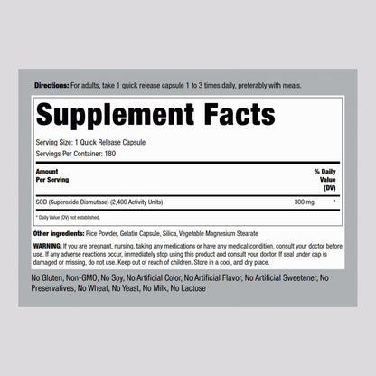 Piping Rock Superoxide Dismutase SOD Supplement 300mg | 180 Capsules | Pack of 2 | Non-GMO & Gluten Free