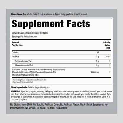 Piping Rock Sunflower Lecithin Softgel Capsules | 3600 mg | 120 Pills | Phosphatidylcholine Rich | Soy Free, Non-GMO, Gluten Free