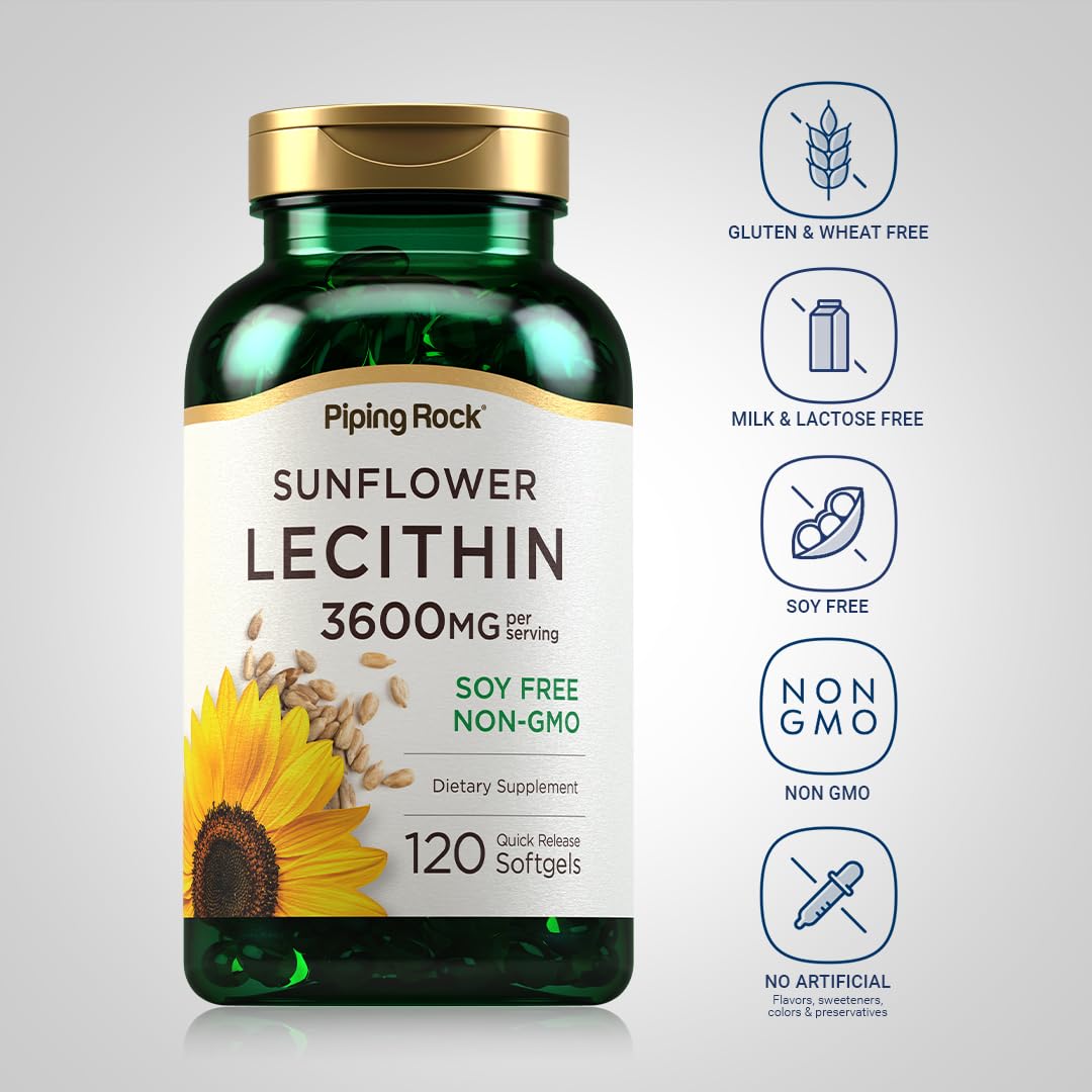 Piping Rock Sunflower Lecithin Softgel Capsules 3600 mg | 120 Count | Phosphatidylcholine | Soy Free, Non-GMO, Gluten Free (Pack of 2)