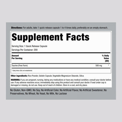 Piping Rock Taurine Supplement 500 mg | 200 Capsules | Amino Acid | Free Form | Non-GMO & Gluten Free (Pack of 2)