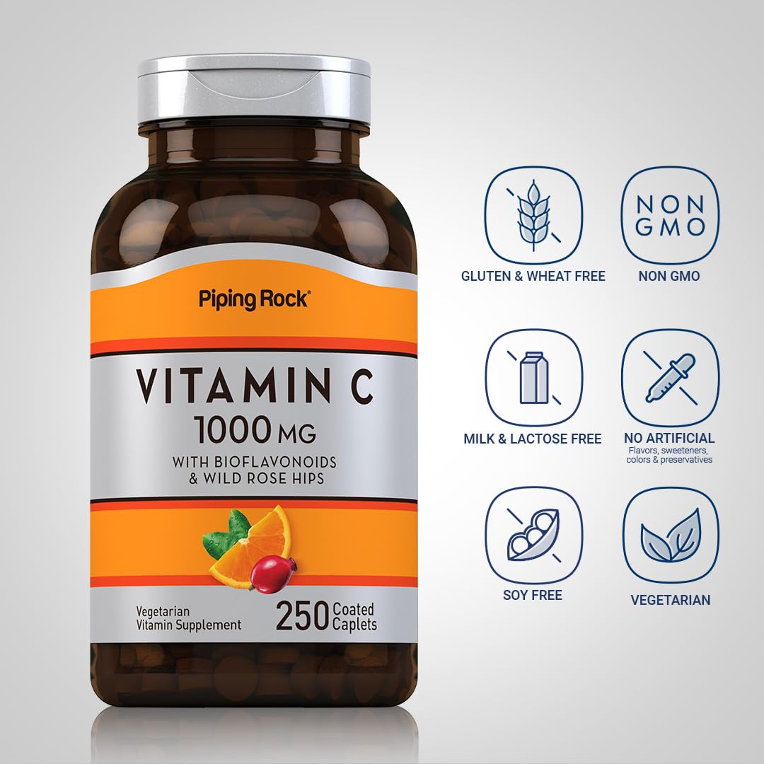 Piping Rock Vitamin C 1000mg - 250 Caplets | Bioflavonoids & Rose Hips | Vegetarian, Non-GMO, Gluten Free | Pack of 2