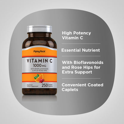 Piping Rock Vitamin C 1000mg - 250 Caplets | Bioflavonoids & Rose Hips | Vegetarian, Non-GMO, Gluten Free | Pack of 2