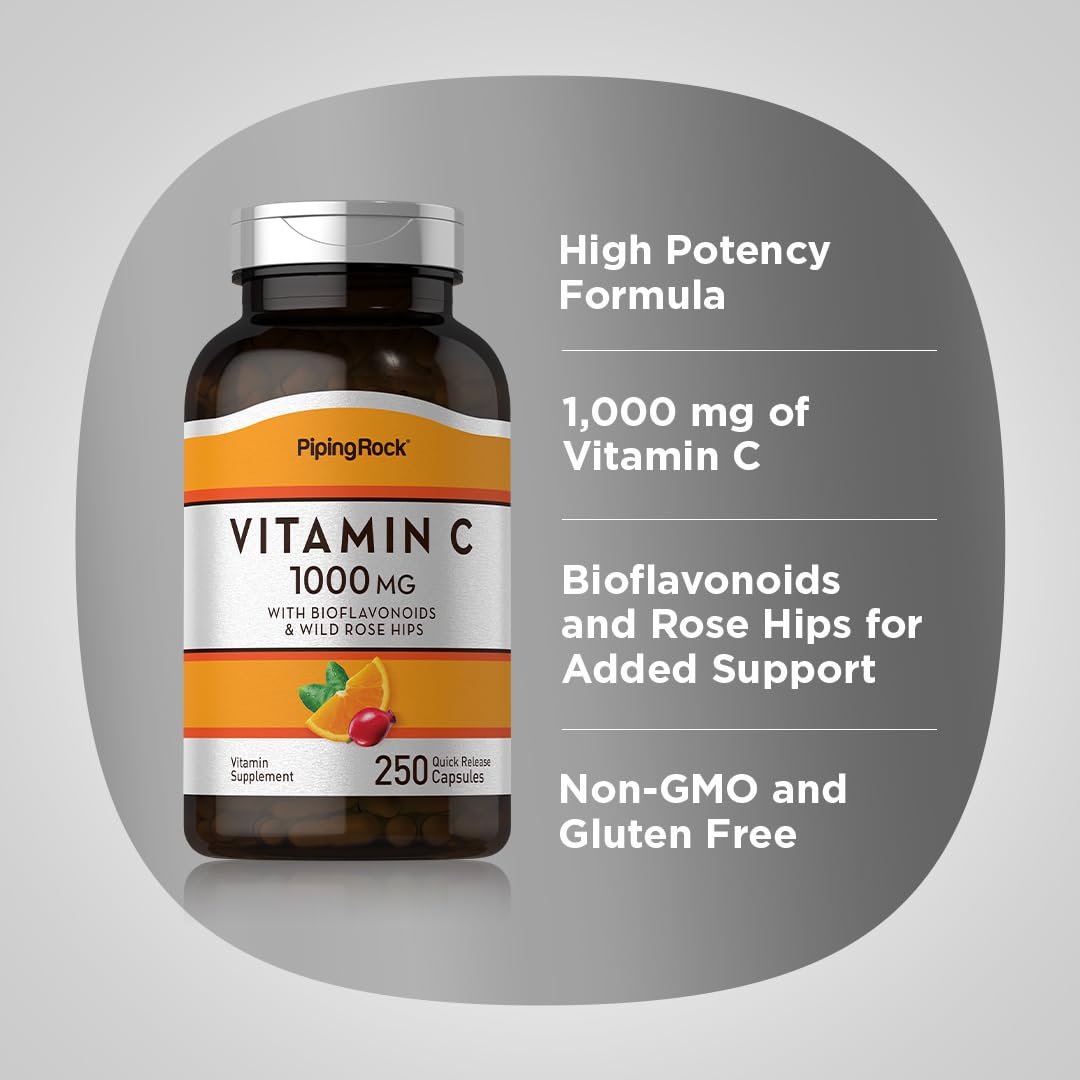 Piping Rock Vitamin C 1000mg – 250 Capsules | Bioflavonoids & Rose Hips | Pack of 2 | Non-GMO, Gluten Free