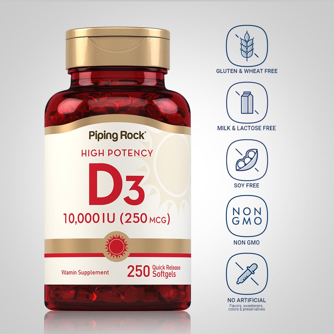 Piping Rock Vitamin D3 10,000 IU | 250 mcg, 250 Softgels | Pack of 2 | Non-GMO & Gluten Free