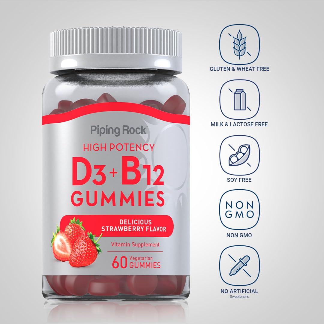 Piping Rock Vitamin D3 & B12 Gummies – 60 Count (Pack of 2) | High Potency, Strawberry Flavor, Vegetarian, Non-GMO, Gluten Free