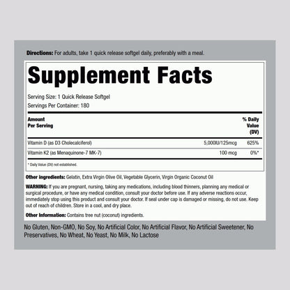 Piping Rock Vitamin K2 D3 MK7 – 100 mcg K2, 180 Softgels (Pack of 2) – Non-GMO, Gluten Free
