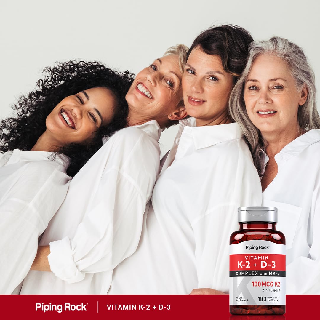 Piping Rock Vitamin K2 D3 MK7 – 100 mcg K2, 180 Softgels (Pack of 2) – Non-GMO, Gluten Free