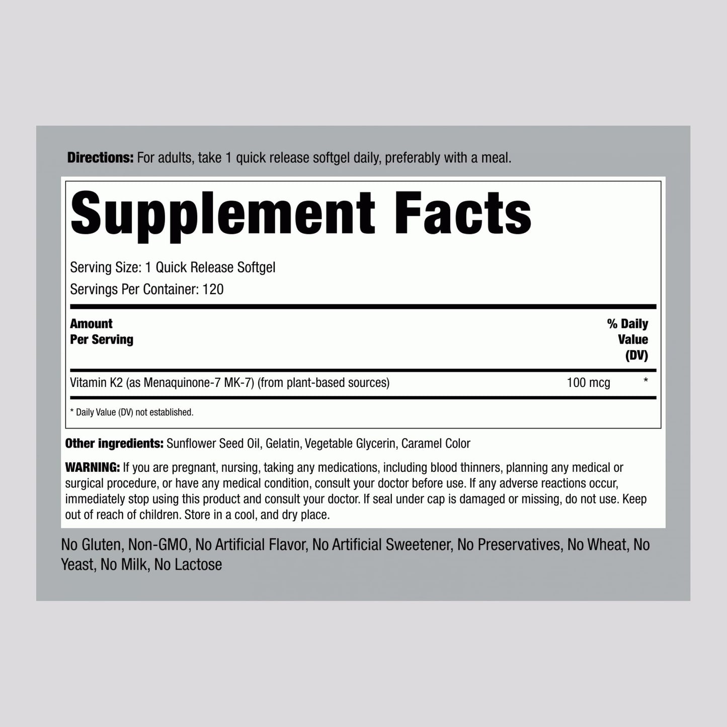 Piping Rock Vitamin K2 MK7 100 mcg - 120 Softgels (Pack of 2) | Non-GMO Gluten Free