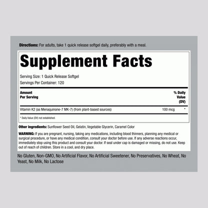 Piping Rock Vitamin K2 MK7 100 mcg - 120 Softgels (Pack of 2) | Non-GMO Gluten Free