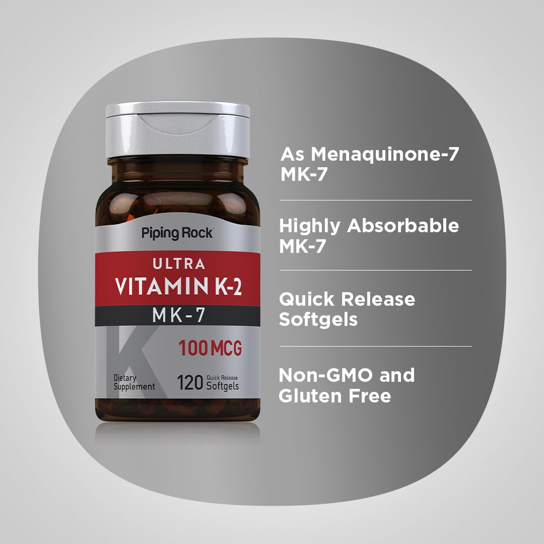 Piping Rock Vitamin K2 MK7 100 mcg - 120 Softgels (Pack of 2) | Non-GMO Gluten Free