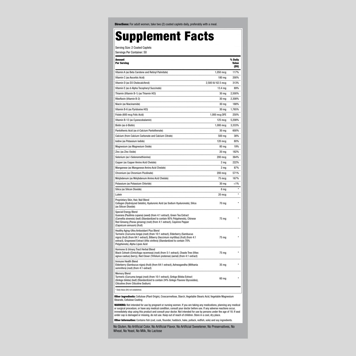 Piping Rock Women's Multivitamin 50+ (Pack of 2) – 100 Coated Caplets | Non-GMO, Gluten Free